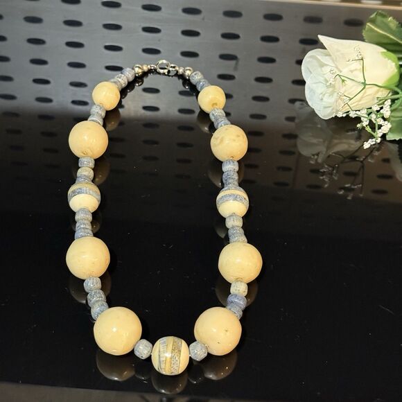Handcrafted Chunky Ceramic Beaded Necklace – Blue & Cream Statement Jewelry - Picture 8 of 12